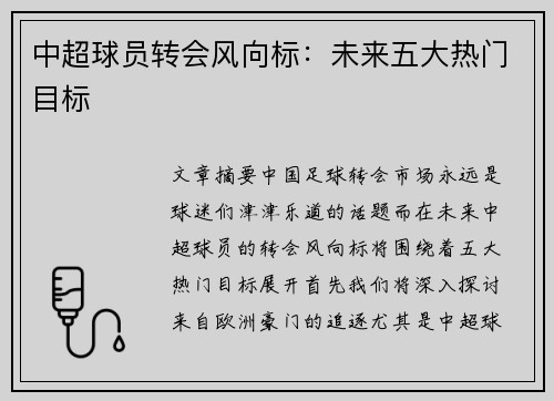 中超球员转会风向标：未来五大热门目标