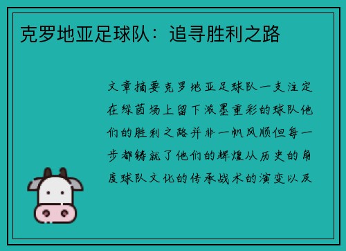 克罗地亚足球队：追寻胜利之路